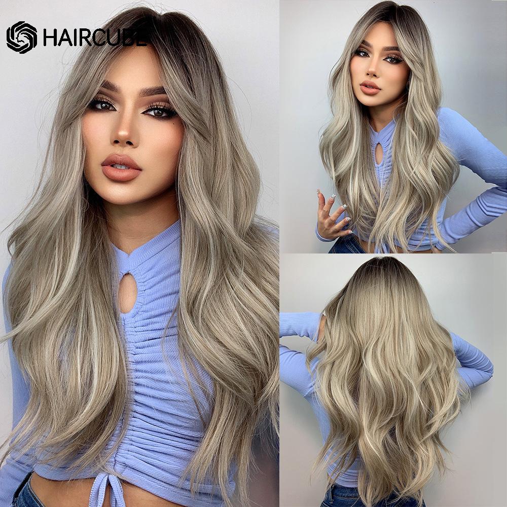 

HAIRCUBE Длинный волнистый черный, коричневый, серый Ombre синтетический парик с челкой, повседневный натуральный парик для косплея для женщин, термостойкие волосы