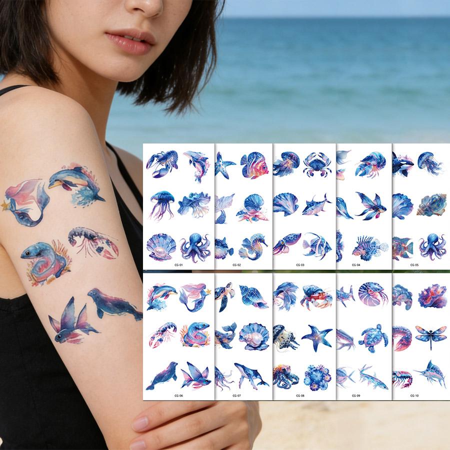 Tattoo Fake Tatoo 10Pcs Ocean Custom Body Art Arm Sea Turtle Whale Jellyfish Temporary Tattoos Sticker Blue Shark Jewelry