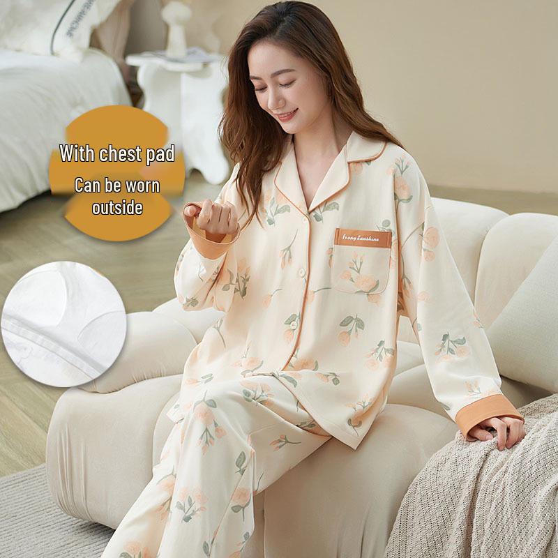 

Пижама женская в корейском стиле с длинным рукавом, свободного кроя, с отложным воротником и нагрудными вкладышами - Женская осенне-весенняя большого размера XL (110-125 jin)