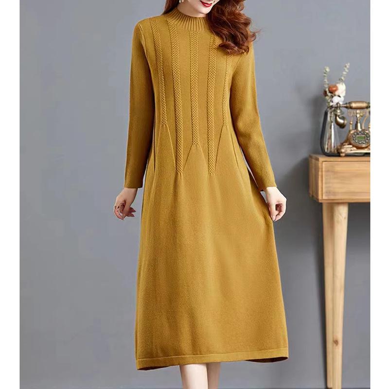 Knitted Dress for Women Autumn and Winter Long Loose Sweater Dress Half High Collar Jacquard