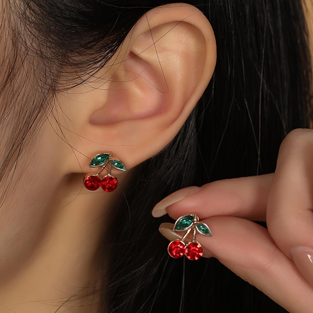 A Pair of Elegant Cherry Earrings, Inlaid with Sparkling Stone Decoration, Zinc Alloy Material, Suitable for Women's Fashion Wear