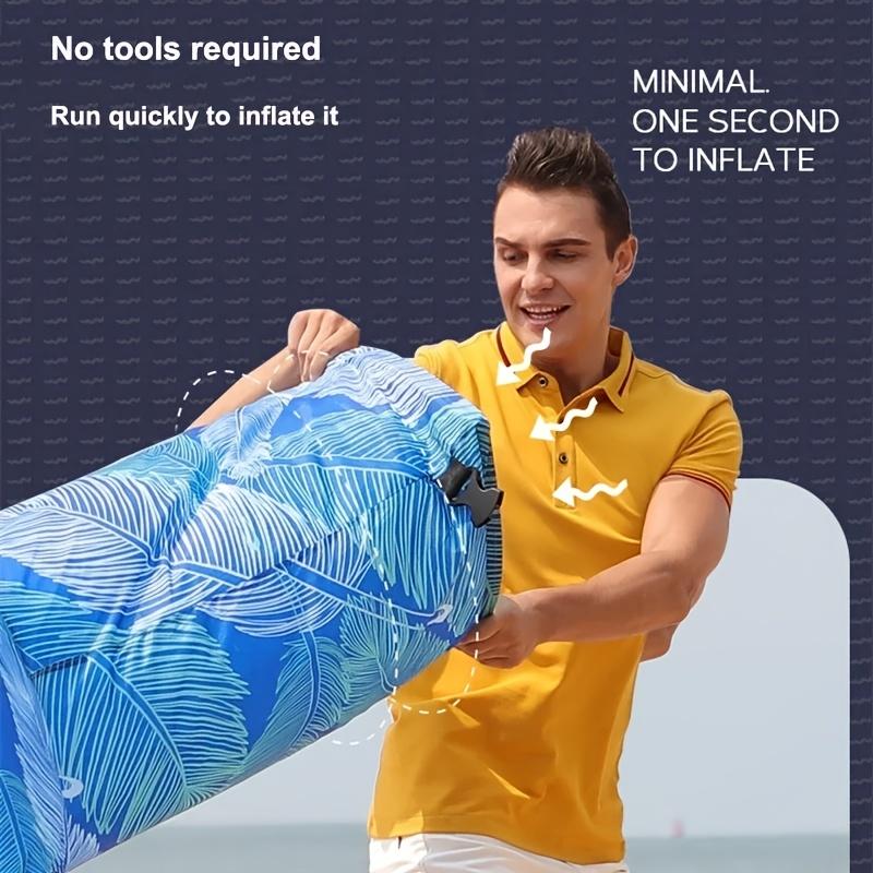 1-Person Tropical Print Quick-Inflating Beach Lounger - Durable Oxford Fabric, Self-Inflating Air Mattress for Camping, Festivals & Outdoor Relaxation