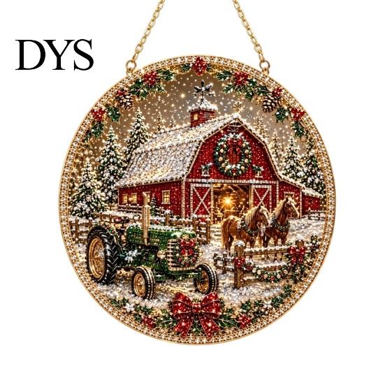 Christmas Tree Hanging Accessories Rhinestone Painting Suncatcher Kit, Round DIY Decor Plastic Baubles for Home, Craft Pendant Holiday Party
