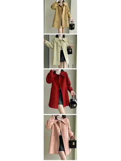 2025 Autumn/Winter Women's Mid-Length Slimming Woolen Coat with Heart Buckle and Peter Pan Collar
