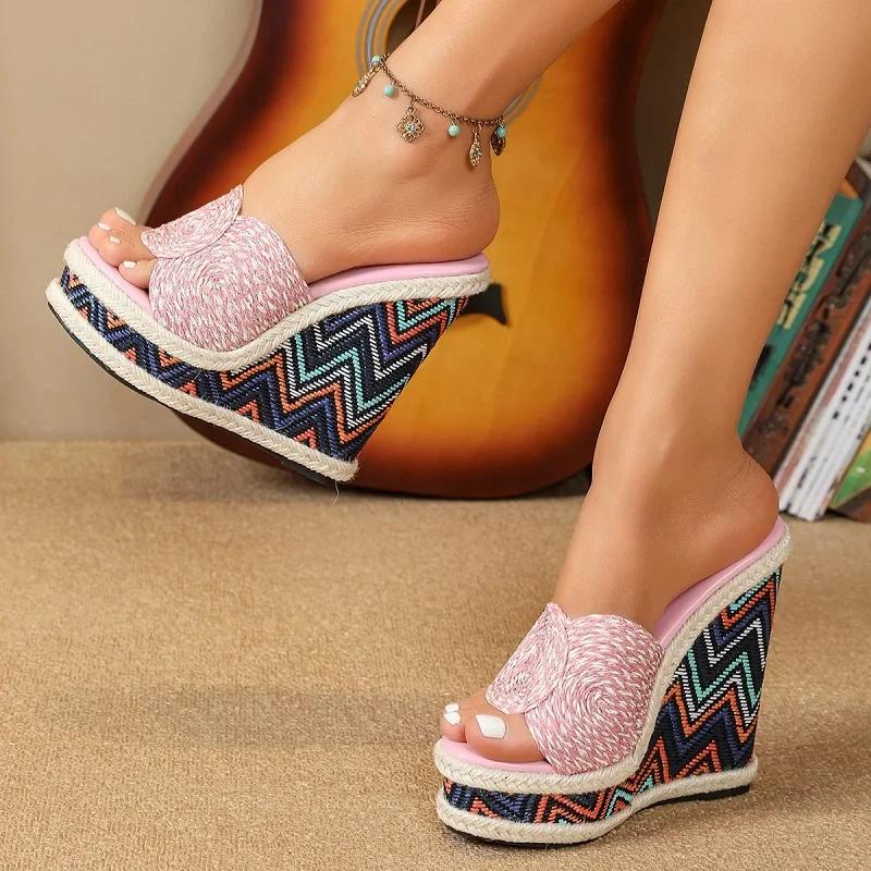 Big Size 35-43 Summer Hemp Weave Slides Slippers Woman Open Toe Chunky Platform Wedges High Heels Shoes Zapatos De Mujer