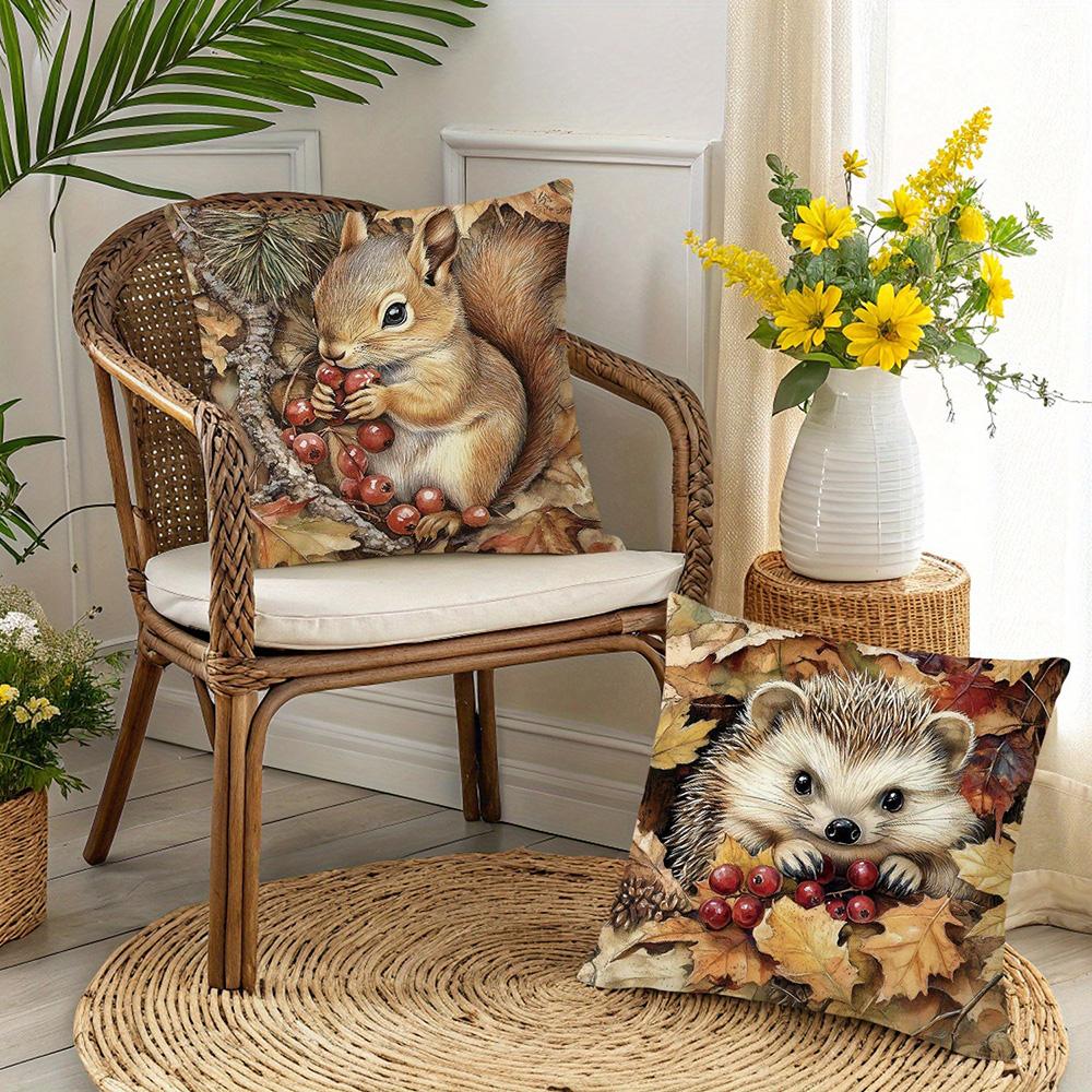 Adorable Forest Animal-Print Pillowcases: Deer, Squirrel, Hedgehog, Fox Sofa Cushion Cover Home Room Decoration 2D Flat Printing