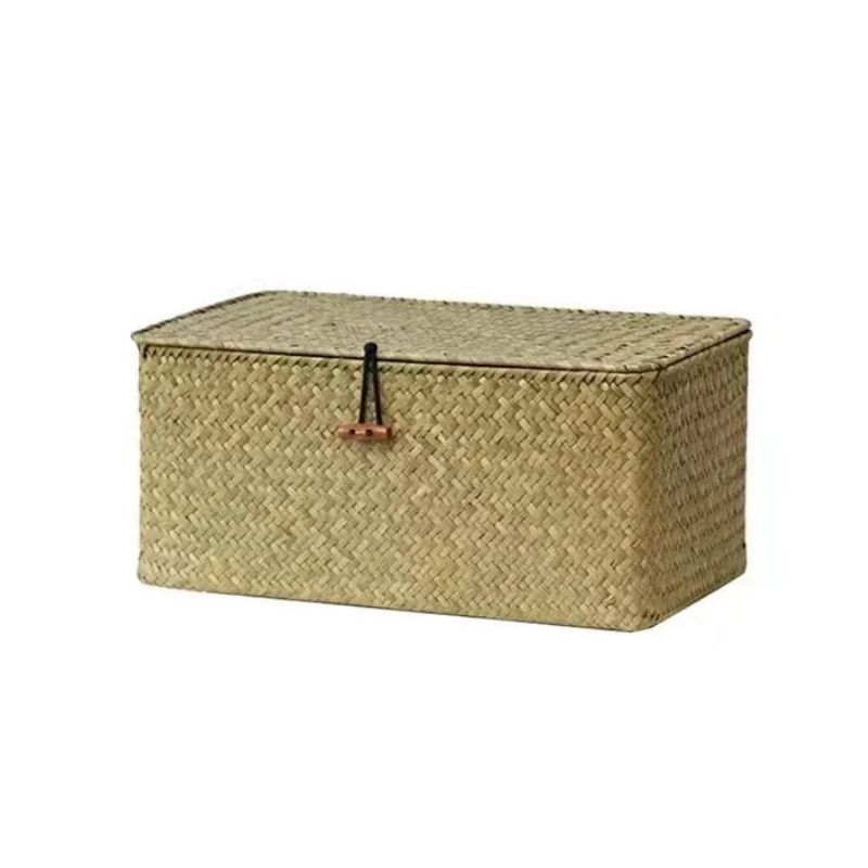Seaweed Storage Basket with Lid Handmade Woven Storage Finishing Box Closet Organizer Sundry Bath Cosmetic Towel Container