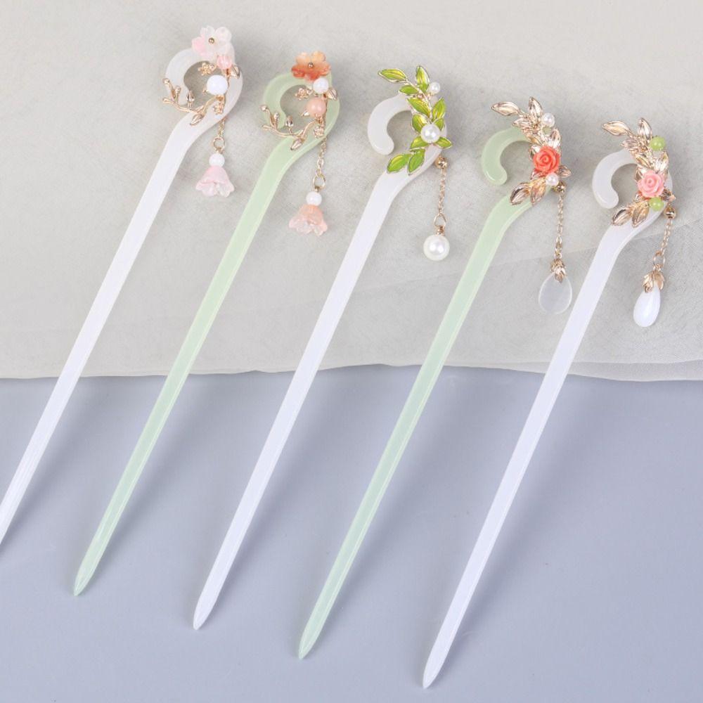 Acetic Acid Hanfu Hair Clip Pearl Flower Hairpin Fashion Chinese Style Hair Stick  Female