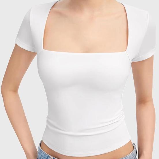 Women Tee Shirt Square Collar Short Sleeve Pullover Tops Slim Fit Solid Color T-shirt