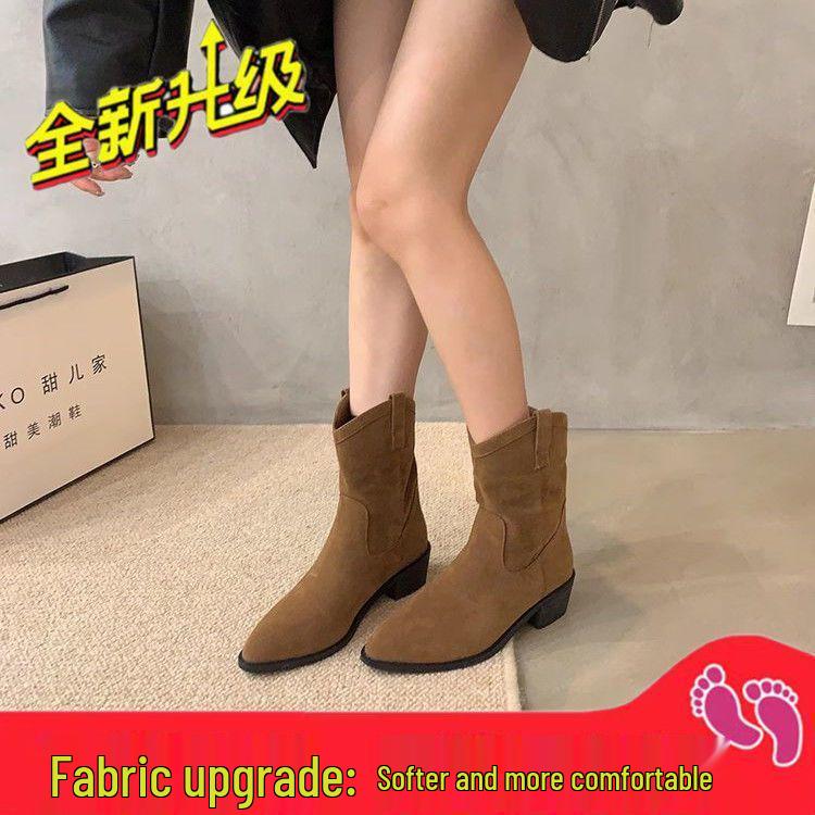 Women's Vintage Brown Western Cowboy Ankle Boots with Chunky Heel and Pointed Toe - V-Mouth Design, Plus Velvet, Autumn/Winter 2025