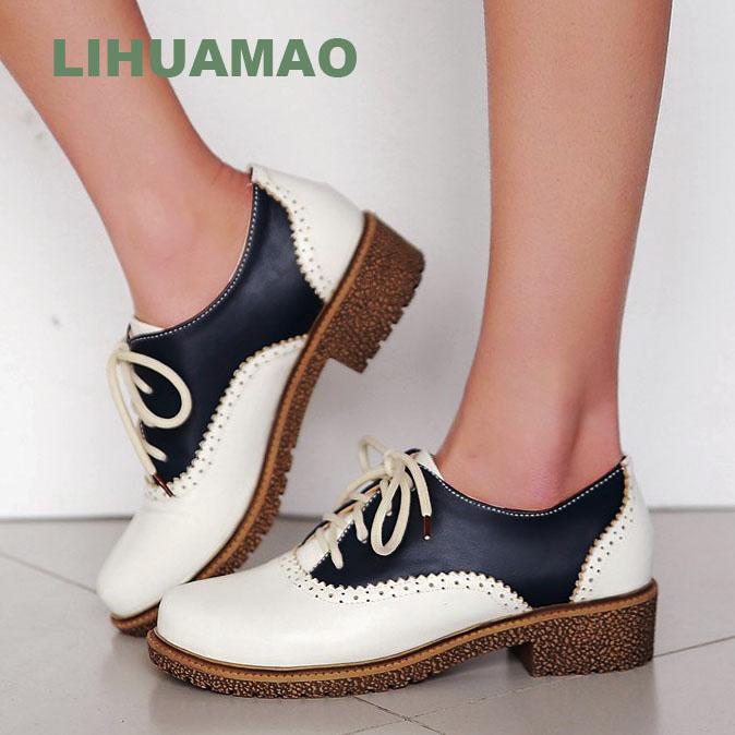 Retro Women Oxford Shoes Chunky Heel Round Toe Lace Up Leather Shoes Party Brogue Derby Shoes