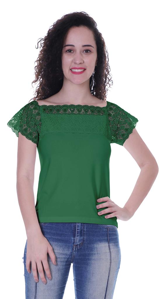 Moomaya Lace Sleeve Tops For Women Plain Boat Neck Tee Shirt