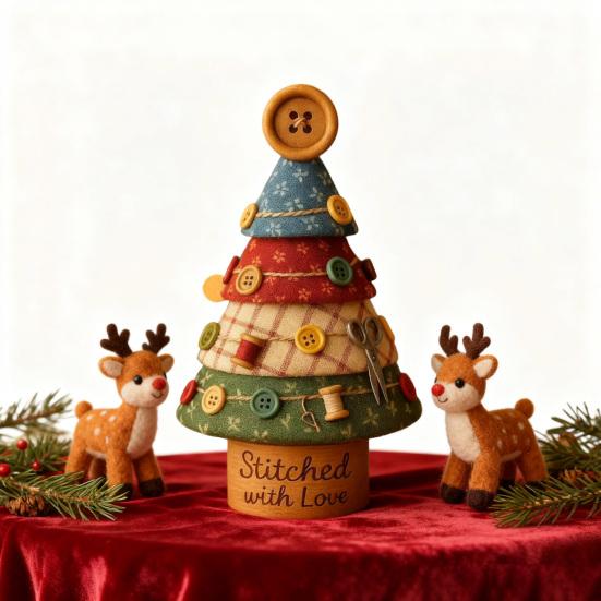 Fabric Christmas Tree Figurine Handmade Multi-Layer Xmas Tree Ornament with Buttons Scissors And Star Topper Holiday DIY Patchwork Craft for