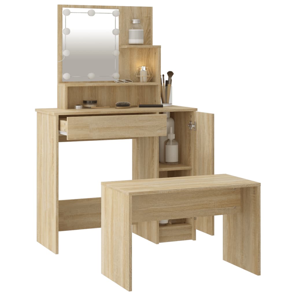 Vanity Table Set with LED Sonoma Oak Engineered Wood