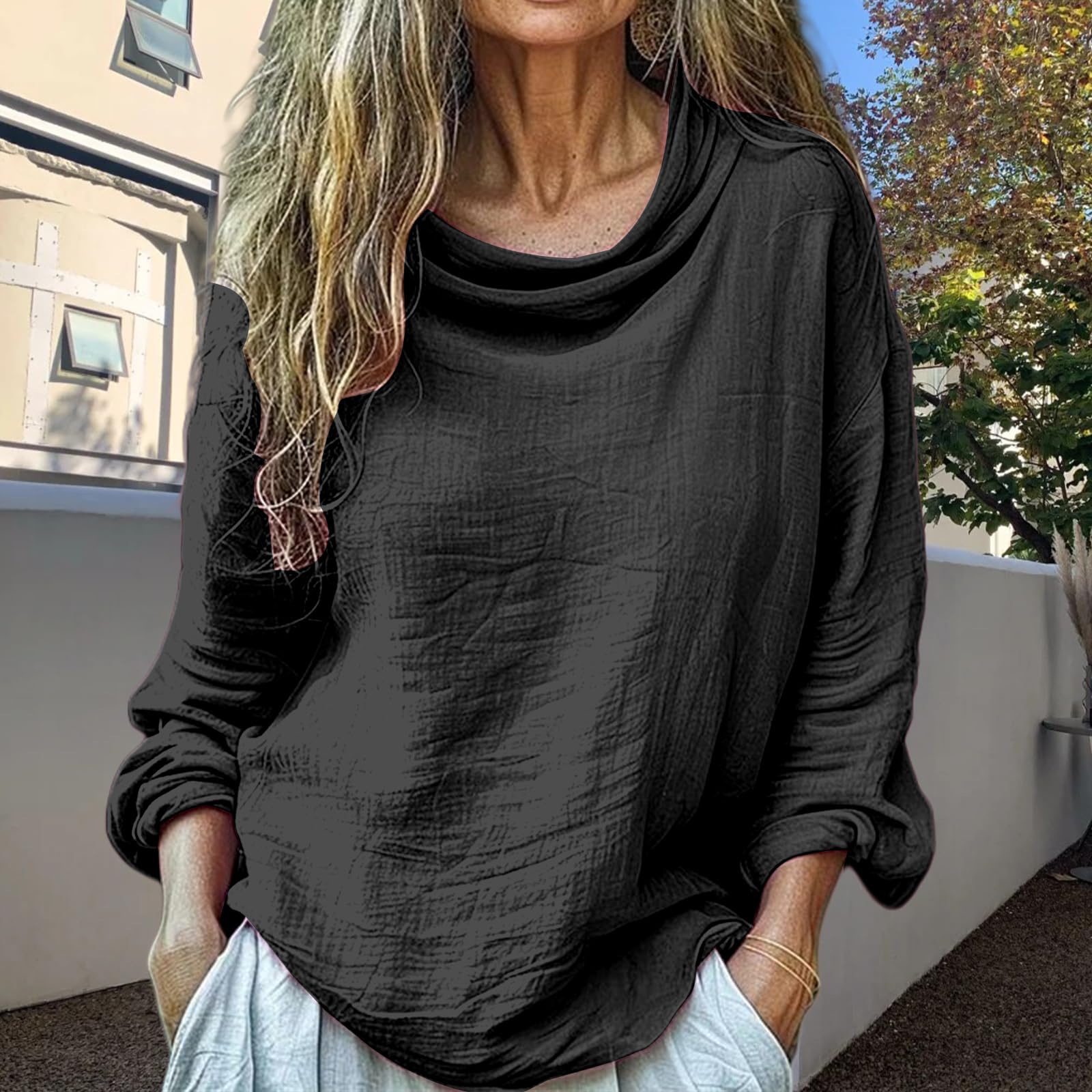 Women s Casual Loose Fashion Long Sleeved Color Pile Pile Collar Fold Top S чёрный