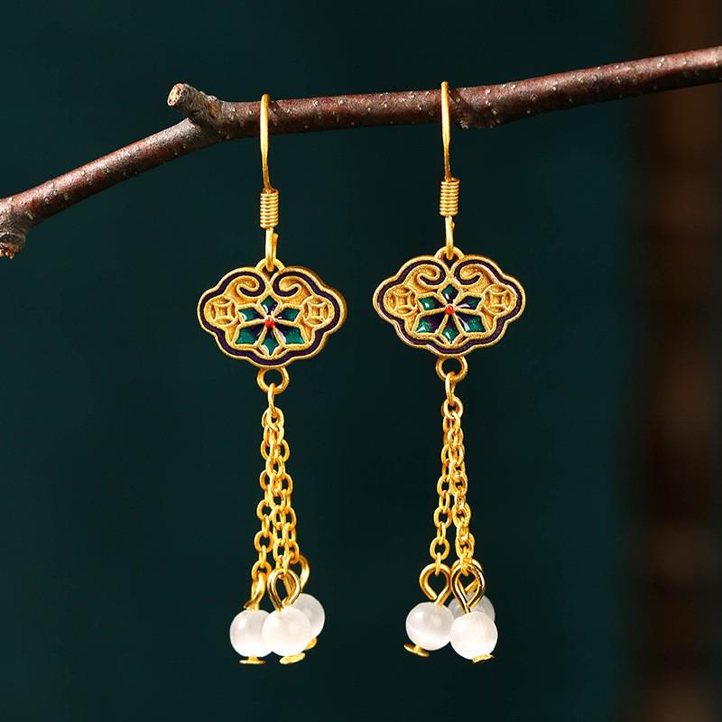 Airyuan Cat's Eye Stone Tassel Earrings - Elegant Chinese Fairy Jewelry for Women