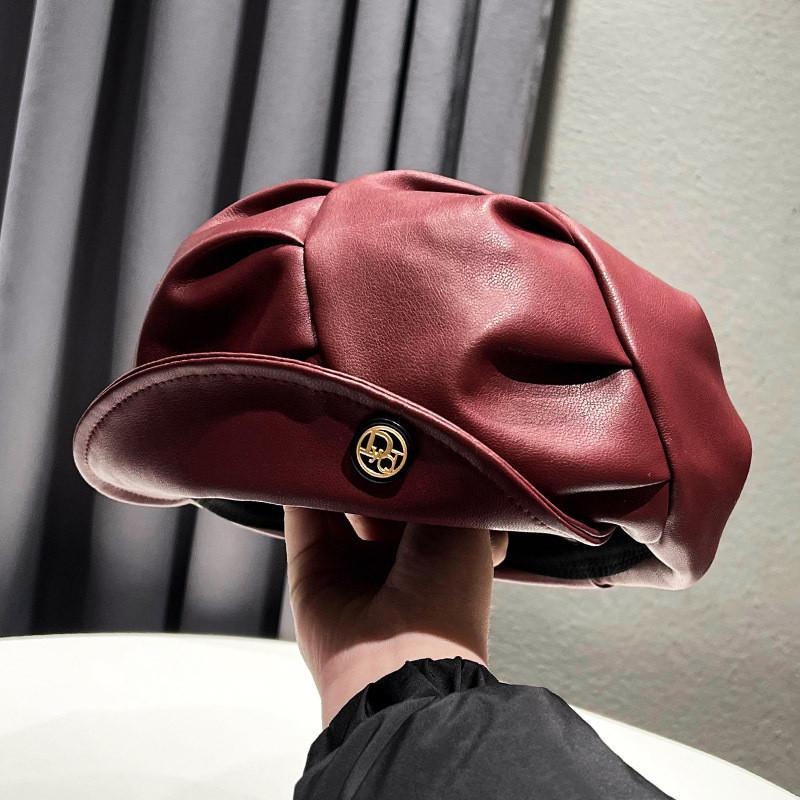 Pu Trendy Leather Beret For Women Vintage Style Sun Protection Cap Painter