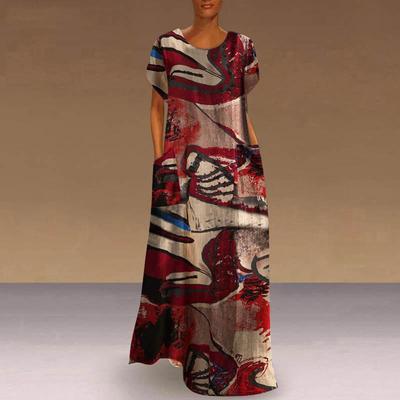 Ženy Jar Leto Národný štýl Bohémske šaty Dlhé Rovné Výstrih do O Voľný pás Vrecko s potlačou S-5XL