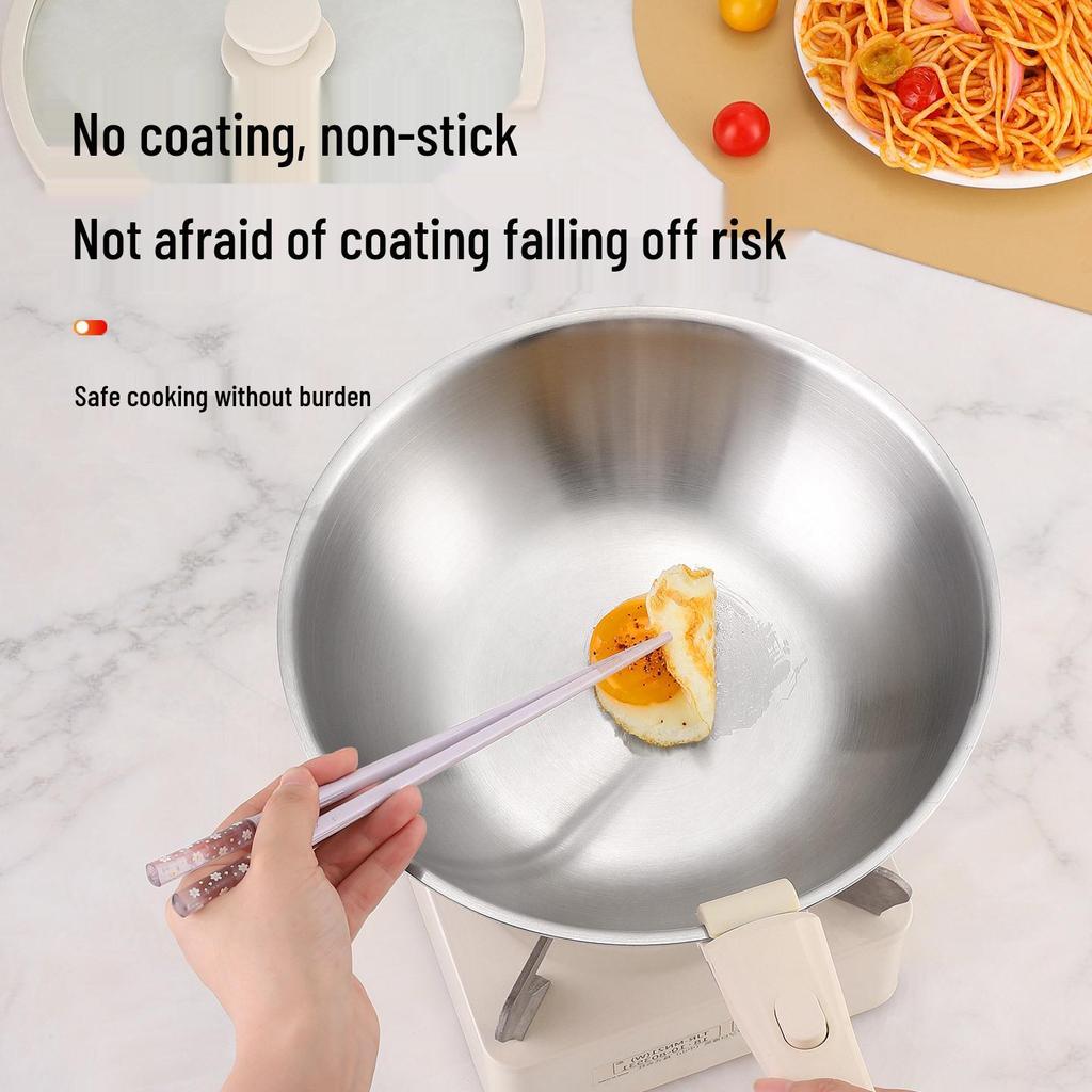 304 Stainless Steel Cookware Set: Non-Stick Maifan Stone Wok, Flat Frying Pan & Stockpot with Removable Handle