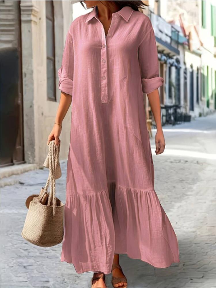 

Cotton Linen Long Irregular Dress Shirt Lapel Button Casual Dress Comfy Loose Daily Wear S