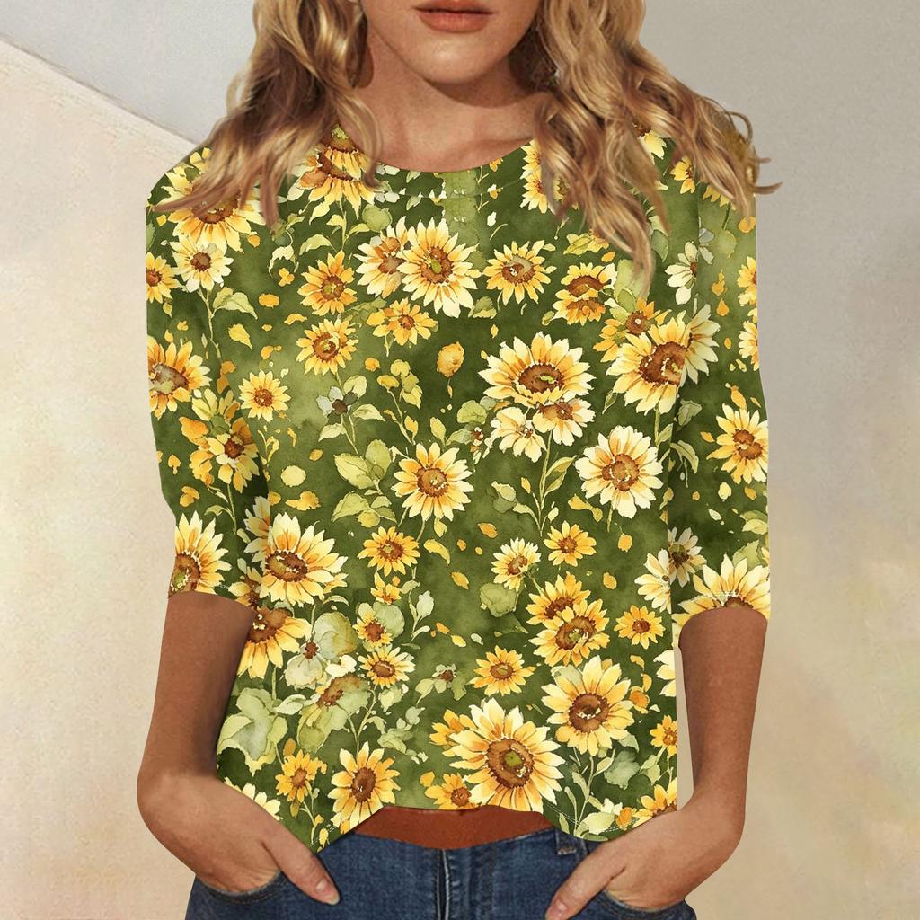 Women's Casual 3/4 Sleeve Floral Print Round Neck Top Lightweight Comfortable Fit Soft Fabric Blouse for Everyday Wear