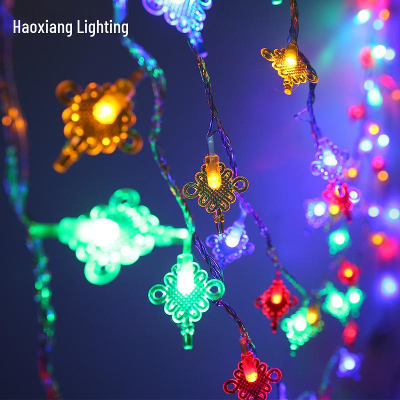 Red Lantern String Lights with Chinese Knots - Outdoor New Year and Lantern Festival Decoration, Flashing Starry Sky LED