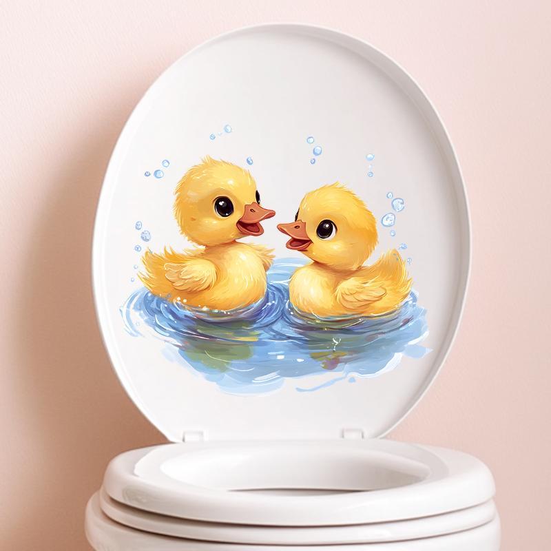 Cartoon Ducks Playing Water Toilet Stickers Bathroom Decor Waterproof Toilet Seat Decals For Toilet Lid,Glass,Cabinets,Bathroom