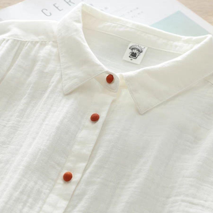 Women's Long-Sleeve Double-Layer Cotton Gauze Shirt with Colored Buttons and Turn-Down Collar for Spring and Autumn