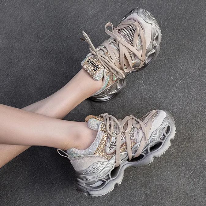 Johnature Breathable Mesh With Diamond Studded Fashionable Women's Sports lace-up Platform Shoes