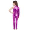 Girls Stage Performance Jumpsuit: Asymmetrical Metallic Mock Neck Mesh Patchwork Back Invisible Zipper Bodysuit Dancewear