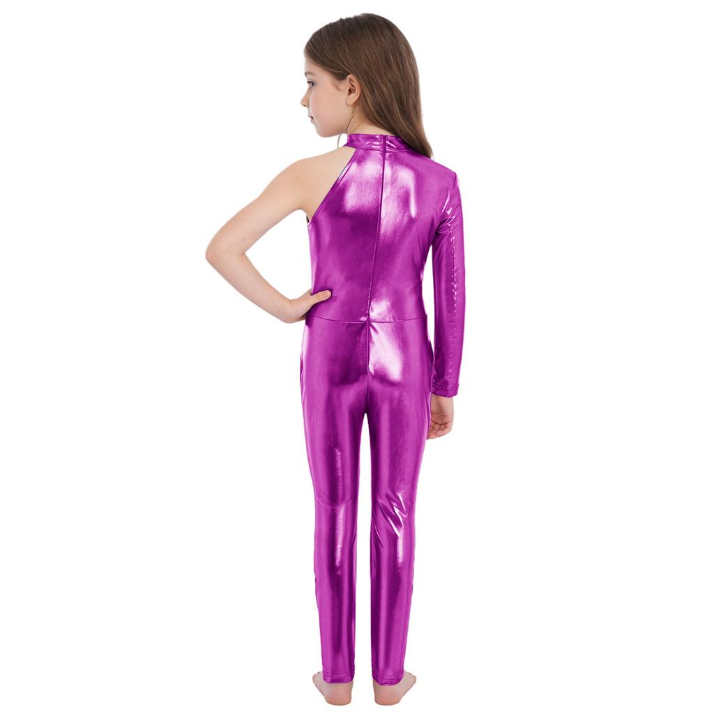 Girls Stage Performance Jumpsuit: Asymmetrical Metallic Mock Neck Mesh Patchwork Back Invisible Zipper Bodysuit Dancewear