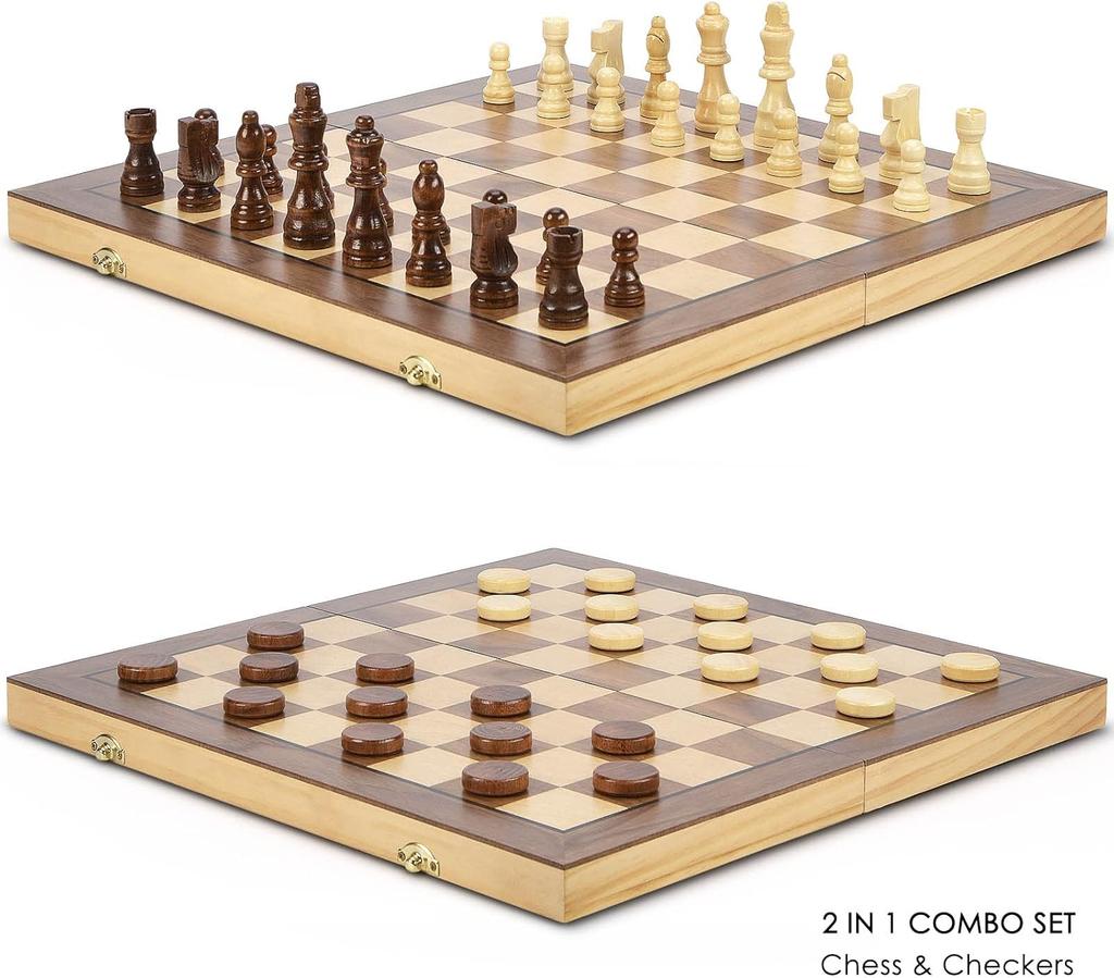 15' Magnetic Wooden Chess & Checkers Set with 2 Extra Queens, 24 Pieces, Storage Slots – 2-in-1 Game for Kids & Adults