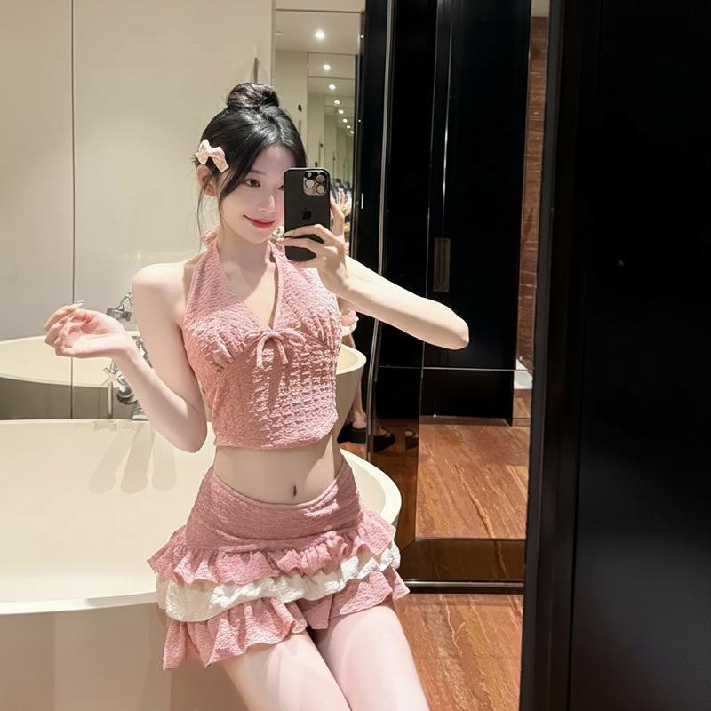 Korean Ins Style Pure Desire Fresh and Cute Sweet Neck Bikini Woman, Contrasting Color Ruffle Leaf Island Vacation Swimsuit
