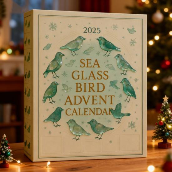 Meeresglas Vogel Adventskalender 2025 24-Tage Weihnachts-Countdown-Box mit Acryl-Vogelornamenten Einzigartiges Weihnachtsgeschenk für Naturliebhaber