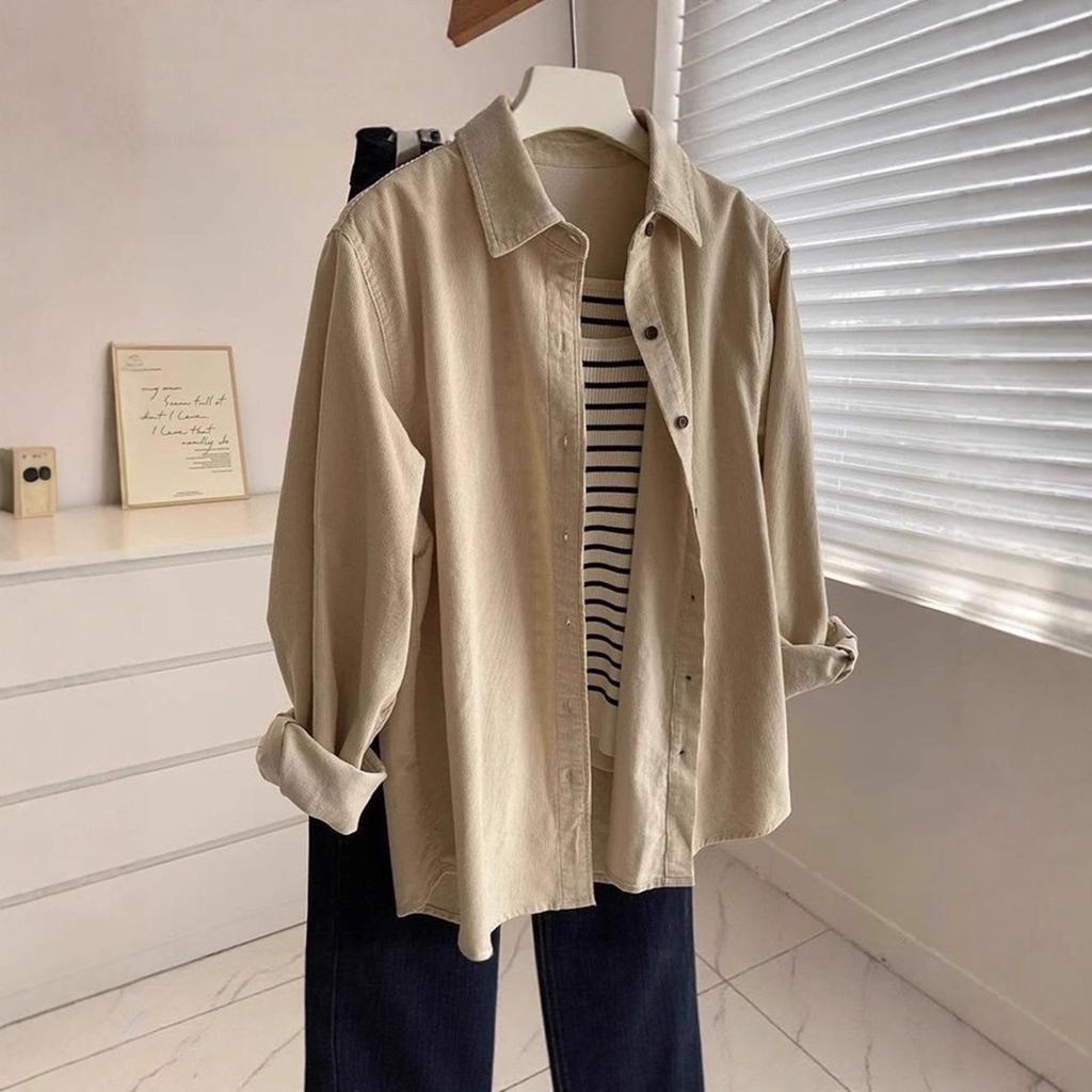 Korean Style Retro Corduroy Shirt: Women's Versatile Long Sleeve Spring/Autumn Layering Top