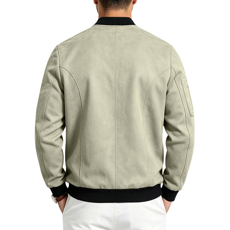 Men Faux‑Suede Bomber Jacket, Snap‑Button Front Contrast Ribbed Collar Cuffs Hem Zippered Sleeve Pocket Side Hand Pockets Casual Streetwear Outerwear