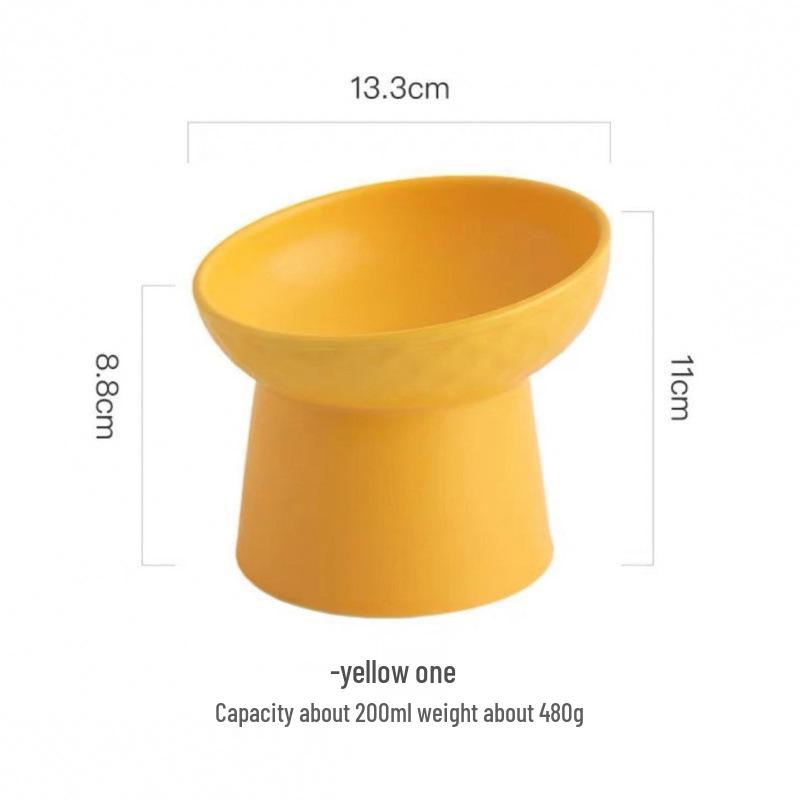 Ceramic Slanted Cat Bowl, High-Sided for Cervical Spine Protection, One-Piece Design.
