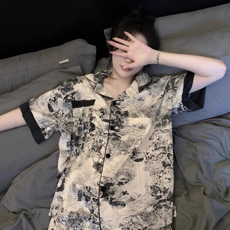 Sommer Damen Tuschemalerei Eisseide Pyjama Hausanzug Mädchen Pyjama Dünne Sektion Freizeitpyjama Sommerkleidung