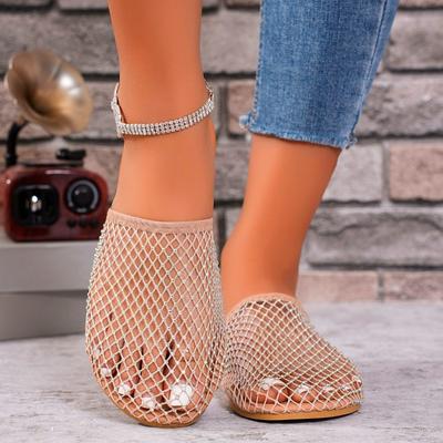 Fashion Women's Baotou Slippers Summer New Round Head Rhinestone Mesh Hollow Breathable Soft Bottom Flat Sandals