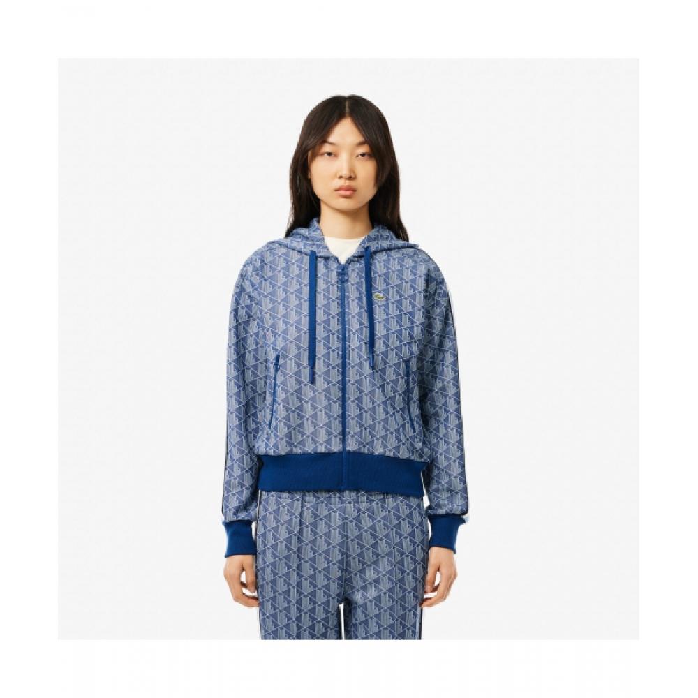 

LACOSTE Women s Monogram Hooded Zip Up Sweatshirt [Blue]