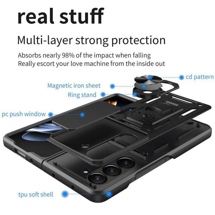 Coque de protection - BOOLING - pour Samsung Galaxy Z Fold 7 - Noir - Anneau rotatif - 2 Verres Trempés