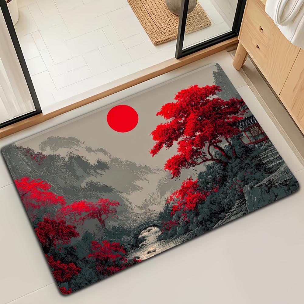 

Japanese Cherry Blossom Snow Mountain Door Mat Bath Microfiber Decorative Versatile Flannel Quick Dry Absorbent Non-slip Sole 40cm x 60cm