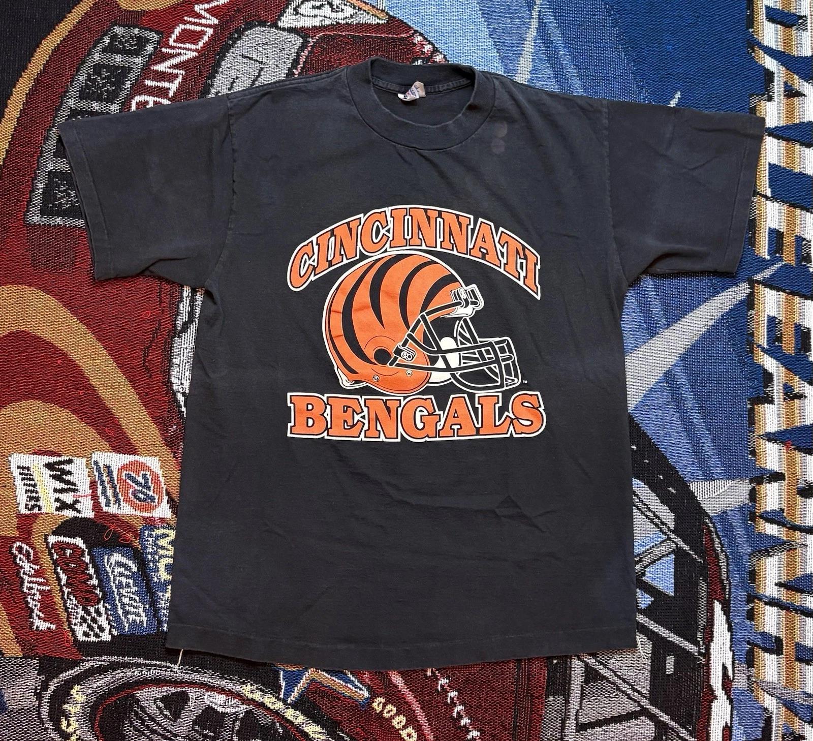 Vintage Cincinnati Bengals Shirt Trench Single Stitch Large USA Black Faded S