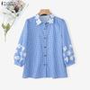 ZANZEA Women Casual Turn Down Collar Loose 3/4 Sleeve Grid Print Blouse