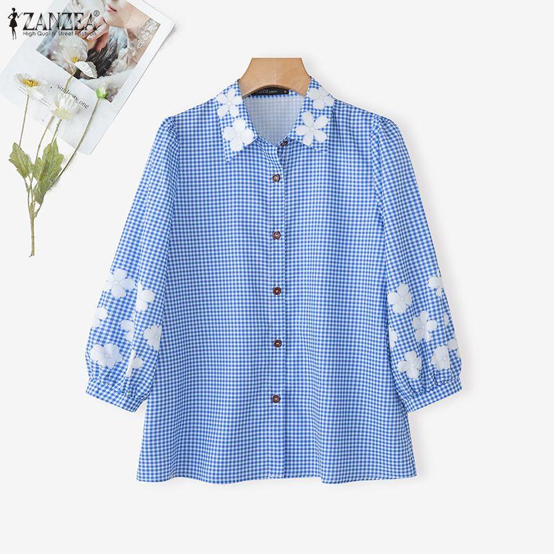 ZANZEA Women Casual Turn Down Collar Loose 3/4 Sleeve Grid Print Blouse