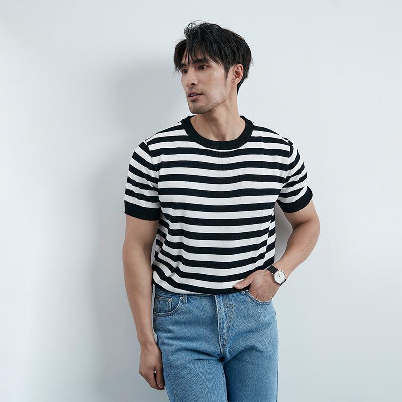 2024 Men's Striped Polo: Short-Sleeve, Versatile Round Neck Knit Shirt
