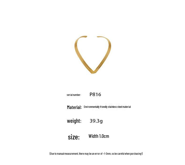 European & American 7-Layer V-Shape Choker Necklace, Punk Style Fashion, 18K Gold-Plated Stainless Steel.