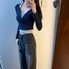 Fake two-piece contrasting color slim-fitting short top women's autumn retro splicing inner bottoming shirt long-sleeved shirt