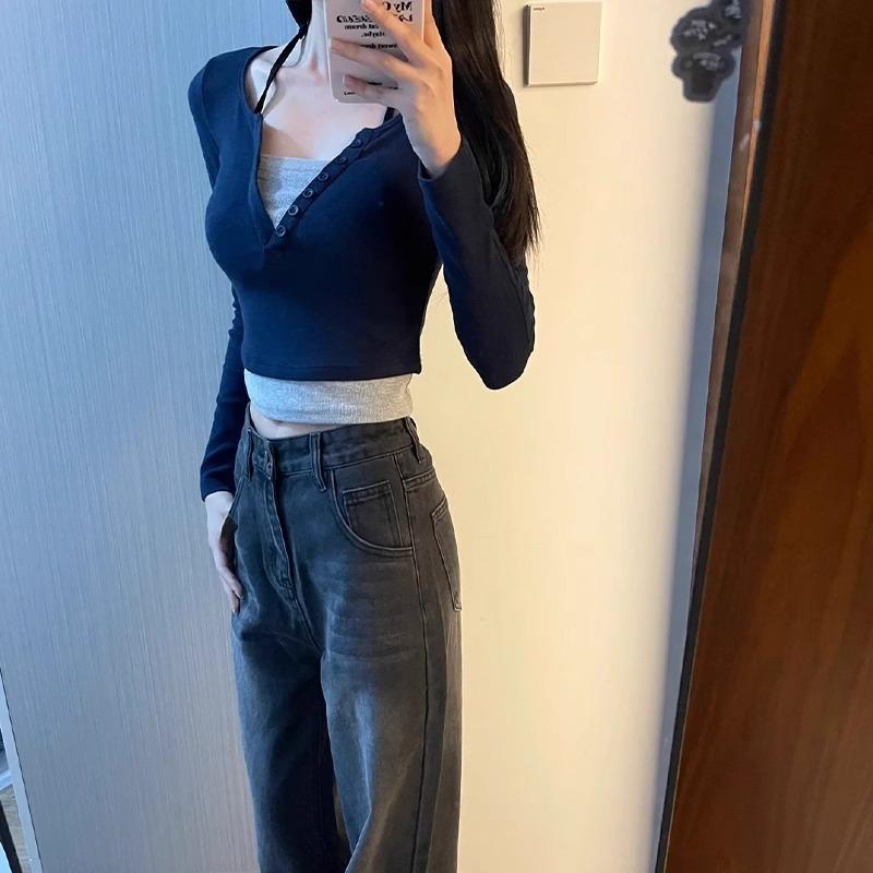 Fake two-piece contrasting color slim-fitting short top women's autumn retro splicing inner bottoming shirt long-sleeved shirt