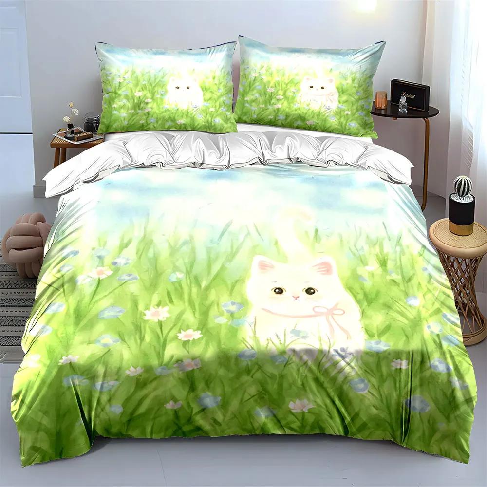 Cat-Themed Pastoral Art Set Soft Comfortable Duvet Cover Bedding Set Included 1*Duvet Cover & 2*Pillowcases Gift